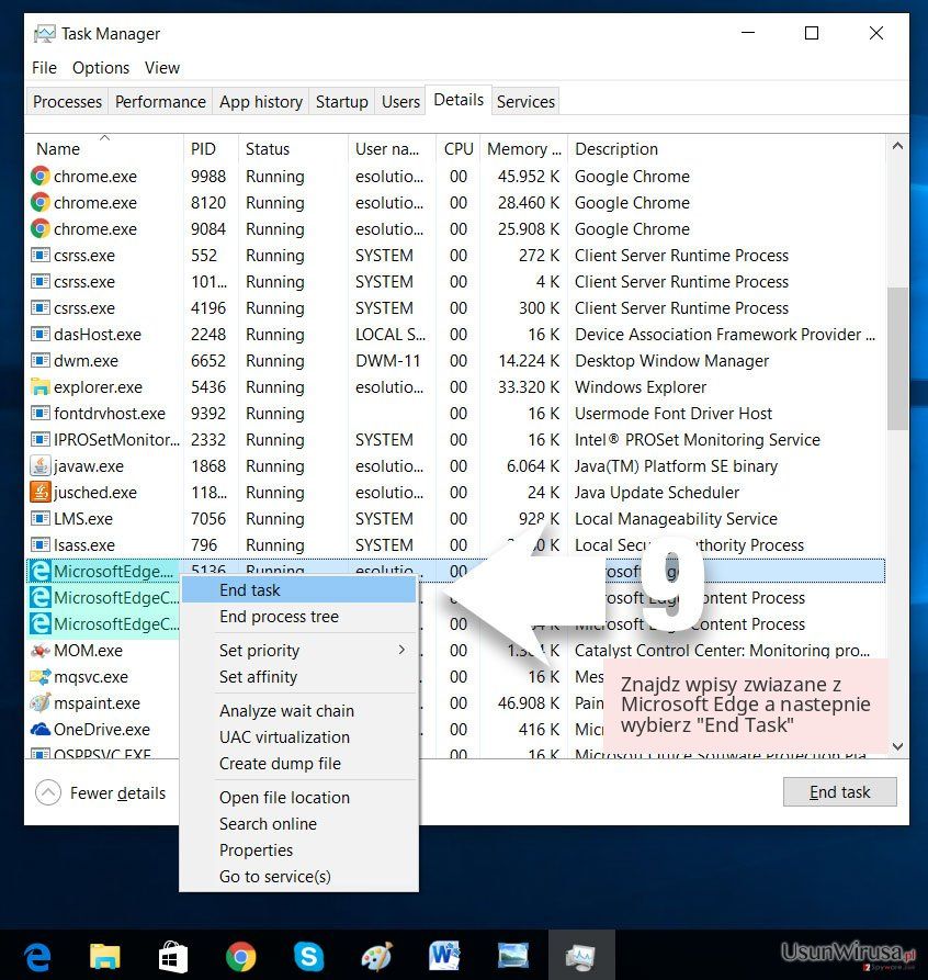 Znajdz wpisy zwiazane z Microsoft Edge a nastepnie wybierz 'End Task' Znajdz wpisy zwiazane z Microsoft Edge a nastepnie wybierz 'End Task'