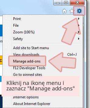 Kliknij na ikonę menu i zaznacz 'Manage add-ons' Kliknij na ikonę menu i zaznacz 'Manage add-ons'