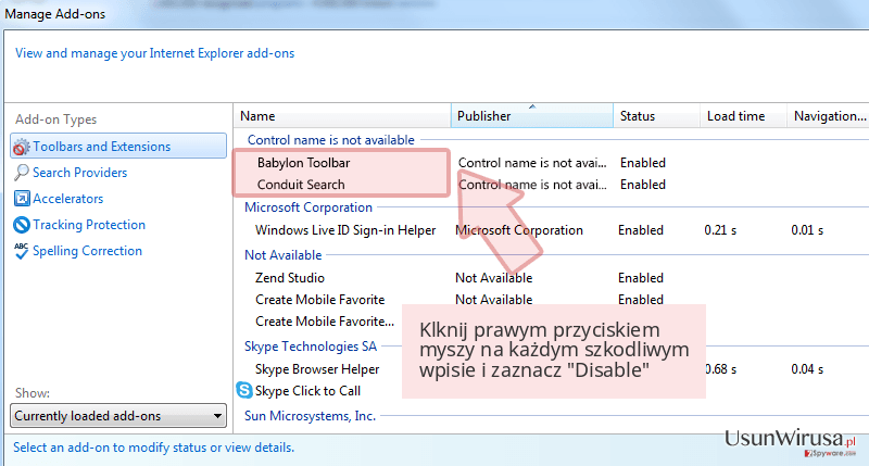 Klknij prawym przyciskiem myszy na każdym szkodliwym wpisie i zaznacz 'Disable' Klknij prawym przyciskiem myszy na każdym szkodliwym wpisie i zaznacz 'Disable'