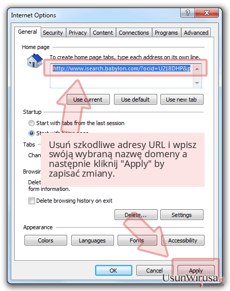 Usuń szkodliwe adresy URL i wpisz swóją wybraną nazwę domeny a następnie kliknij 'Apply' by zapisać zmiany. Usuń szkodliwe adresy URL i wpisz swóją wybraną nazwę domeny a następnie kliknij 'Apply' by zapisać zmiany.
