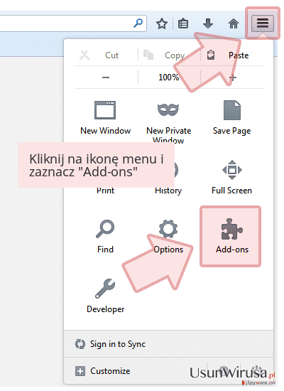 Kliknij na ikonę menu i zaznacz 'Add-ons' Kliknij na ikonę menu i zaznacz 'Add-ons'