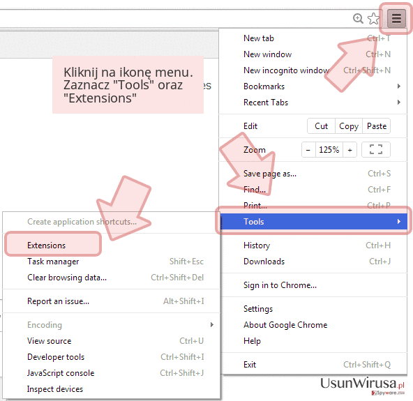Kliknij na ikonę menu. Zaznacz 'Tools' oraz 'Extensions' Kliknij na ikonę menu. Zaznacz 'Tools' oraz 'Extensions'