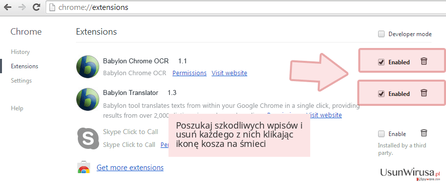 Poszukaj szkodliwych wpisów i usuń każdego z nich klikając ikonę kosza na śmieci Poszukaj szkodliwych wpisów i usuń każdego z nich klikając ikonę kosza na śmieci