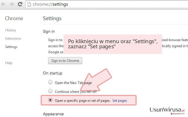 Po kliknięciu w menu oraz 'Settings', zaznacz 'Set pages' Po kliknięciu w menu oraz 'Settings', zaznacz 'Set pages'