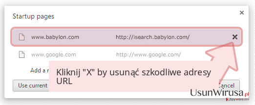 Kliknij 'X' by usunąć szkodliwe adresy URL Kliknij 'X' by usunąć szkodliwe adresy URL