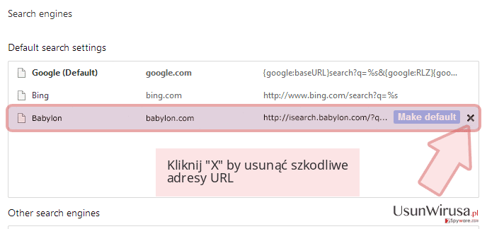 Kliknij 'X' by usunąć szkodliwe adresy URL Kliknij 'X' by usunąć szkodliwe adresy URL