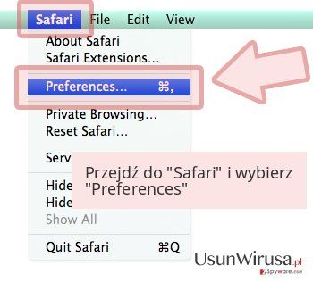 Przejdź do 'Safari' i wybierz 'Preferences' Przejdź do 'Safari' i wybierz 'Preferences'