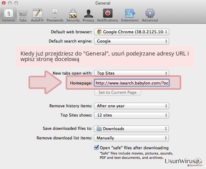 Kiedy już przejdziesz do 'General', usuń podejrzane adresy URL i wpisz stronę docelową Kiedy już przejdziesz do 'General', usuń podejrzane adresy URL i wpisz stronę docelową