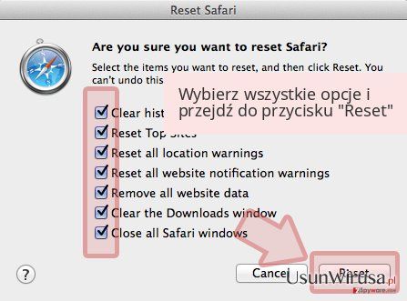 Wybierz wszystkie opcje i przejdź do przycisku 'Reset' Wybierz wszystkie opcje i przejdź do przycisku 'Reset'