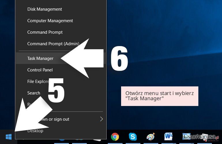 Otwórz menu start i wybierz 'Task Manager' Otwórz menu start i wybierz 'Task Manager'