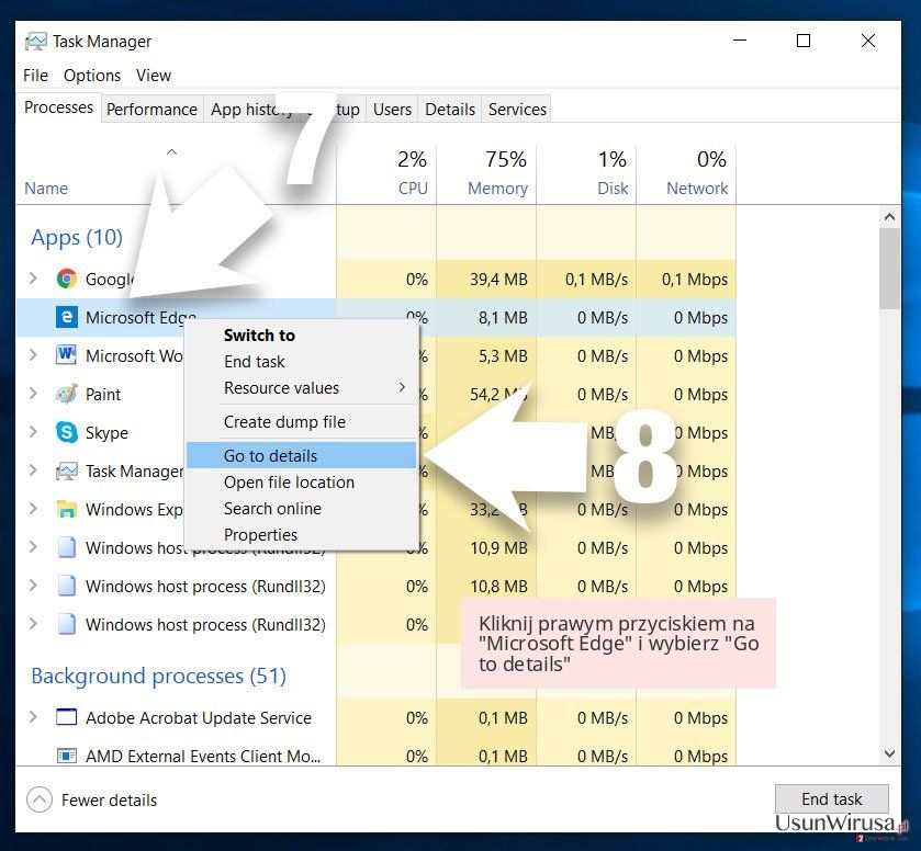 Kliknij prawym przyciskiem na 'Microsoft Edge' i wybierz 'Go to details' Kliknij prawym przyciskiem na 'Microsoft Edge' i wybierz 'Go to details'