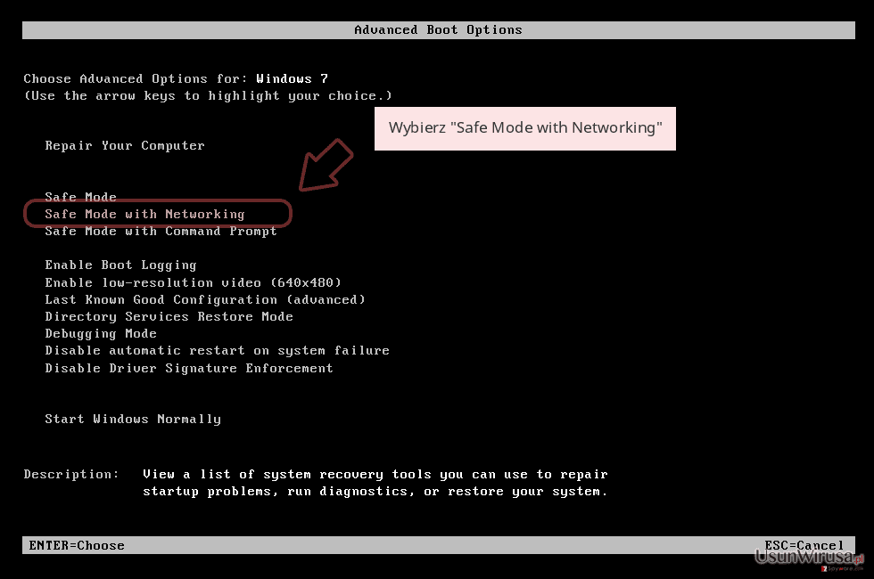 Wybierz 'Safe Mode with Networking' Wybierz 'Safe Mode with Networking'