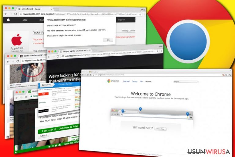Przykłady reklam wyświetlanych przez adware Chrome