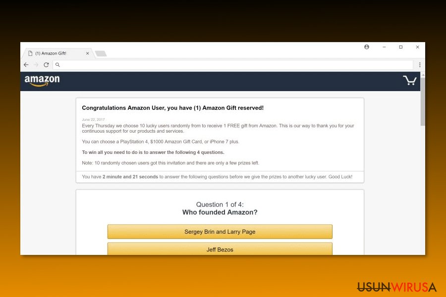 Przykład wirusa "Congratulations Amazon User"