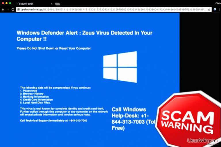 Fałszywe wsparcie techniczne "Windows Defender Alert: Zeus Virus"