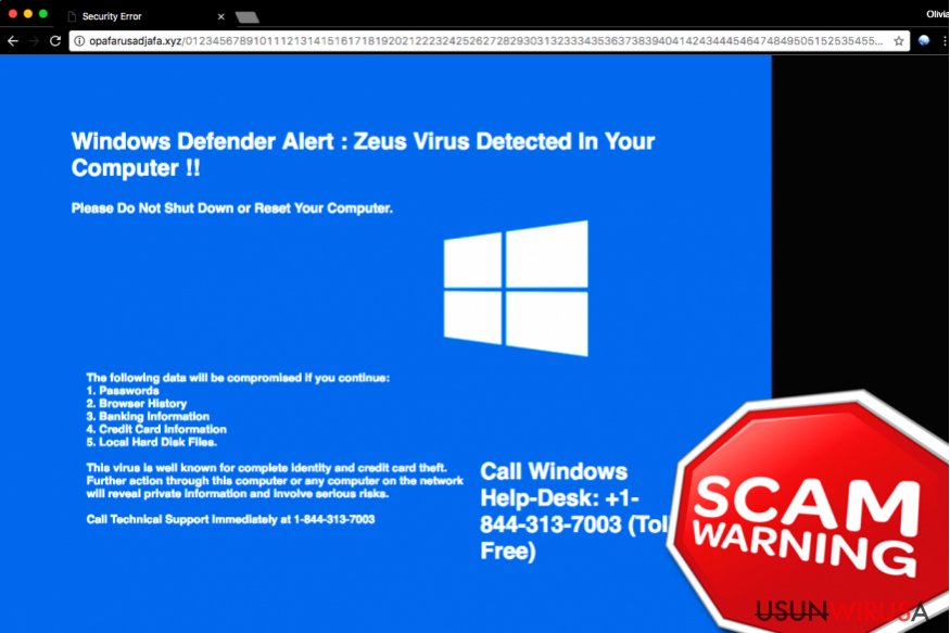 Fałszywe wsparcie techniczne "Windows Defender Alert: Zeus Virus" Fałszywe wsparcie techniczne "Windows Defender Alert: Zeus Virus"